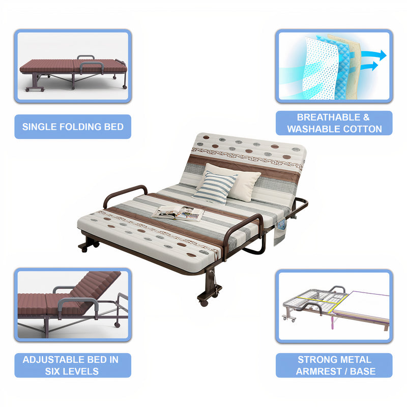 Folding Bed - 6 Level Adjustable Foldable Bed - Fold Away Bed - Brown Colour