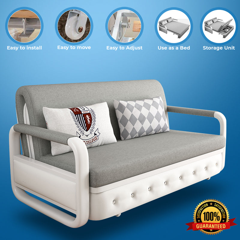 Unicorn Furniture Sofa Bed - Modern Foldable Bed Pull Out Sofa Bed with Storage Sofabed (grey fabric on white leather)