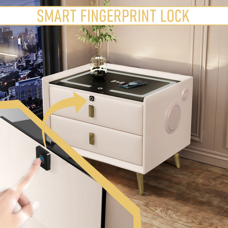 Smart Bedside Table With Smart Fingerprint Lock 5.0 Bluetooth Speakers 2 Drawers, Built-in Three-Tone Lights Wireless Charging