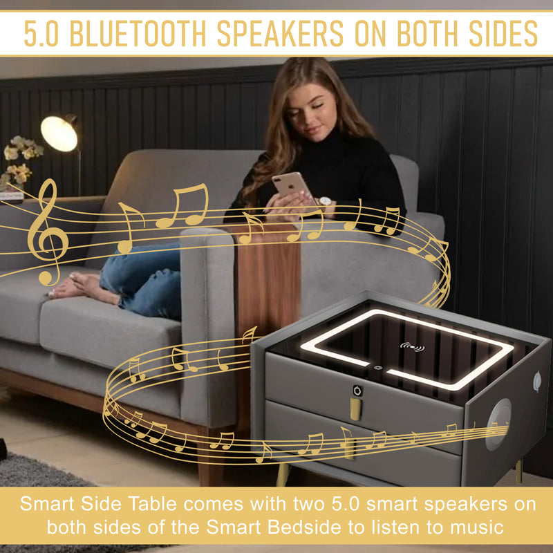 Smart Bedside Table With Smart Fingerprint Lock 5.0 Bluetooth Speakers 2 Drawers Built-in Three-Tone Lights Wireless Charging