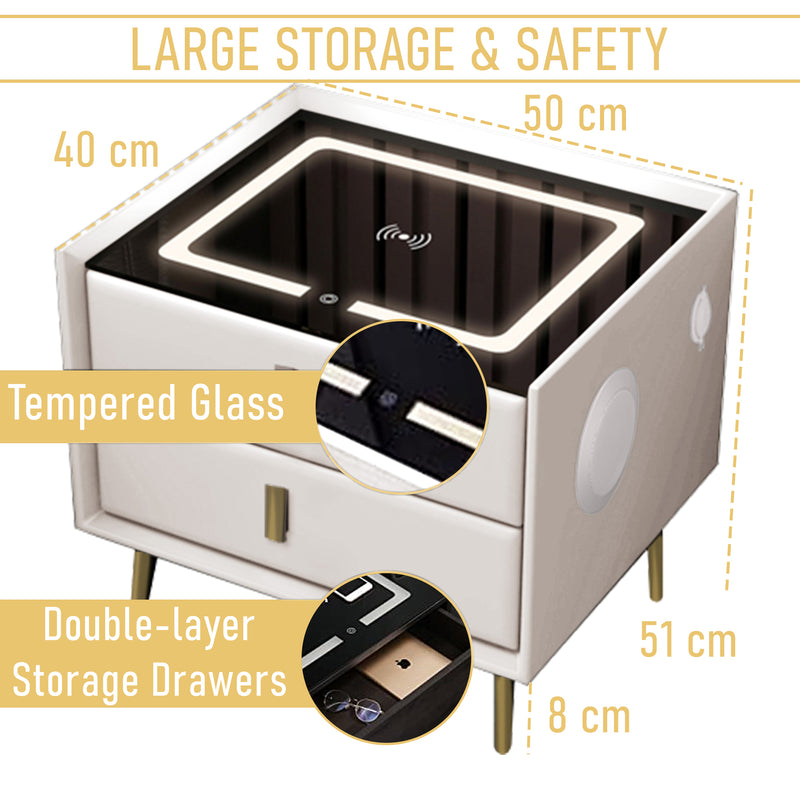 Smart Bedside Table With Smart Fingerprint Lock 5.0 Bluetooth Speakers 2 Drawers, Built-in Three-Tone Lights Wireless Charging