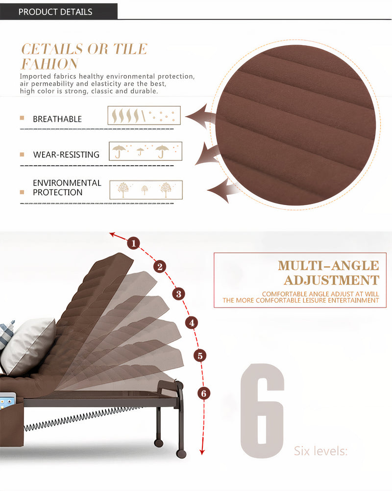 Folding Bed - 6 Level Adjustable Foldable Bed - Fold Away Bed - Brown Colour