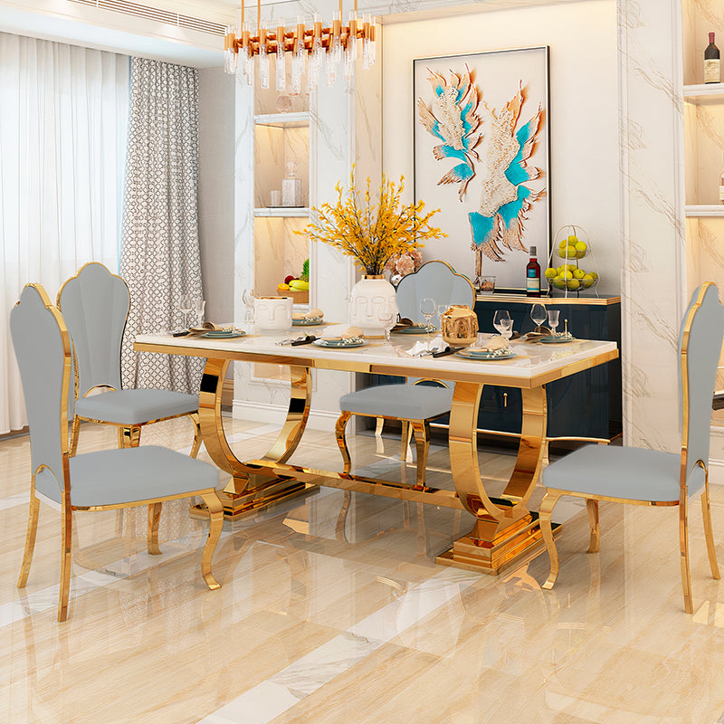 Luxury Marble Table Dining Set of 6 Chairs in Grey Leather & Marble Dining Top in 150 x 90 x 75cm