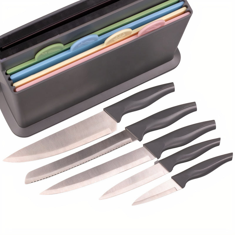 Index Chopping Board Set with Knives, 4pcs Plastic Colour Coded Chopping Board Set & 5pcs of Knives