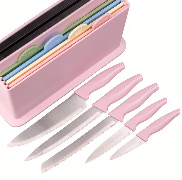 Index Chopping Board Set with Knives, 4pcs Plastic Colour Coded Chopping Board Set & 5pcs of Knives