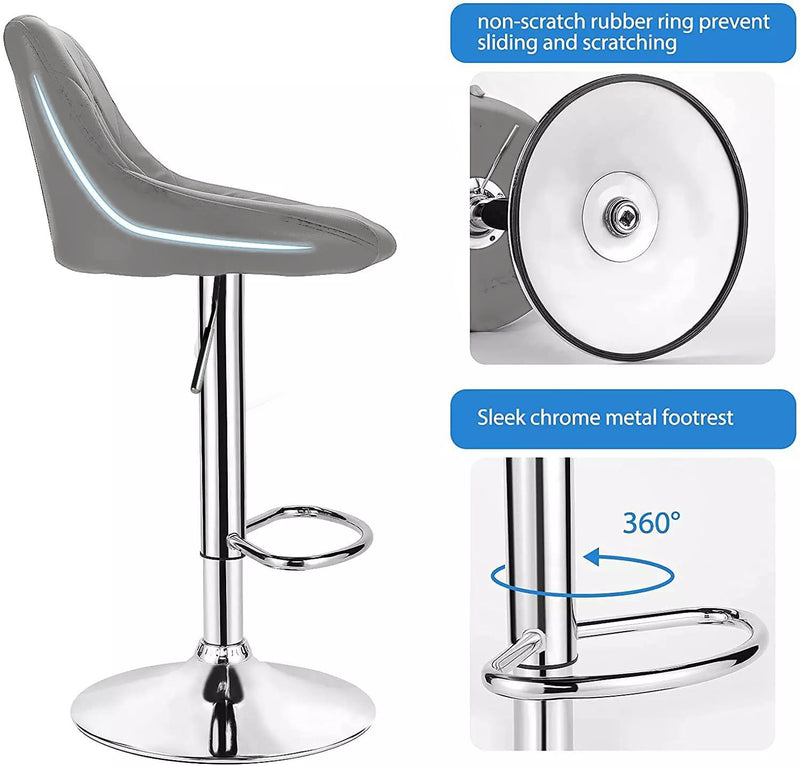 Leather Swivel Kitchen Bar Stool in Sturdy Polished Shining Chrome Footrest with height adjustable Barstool  (Grey)